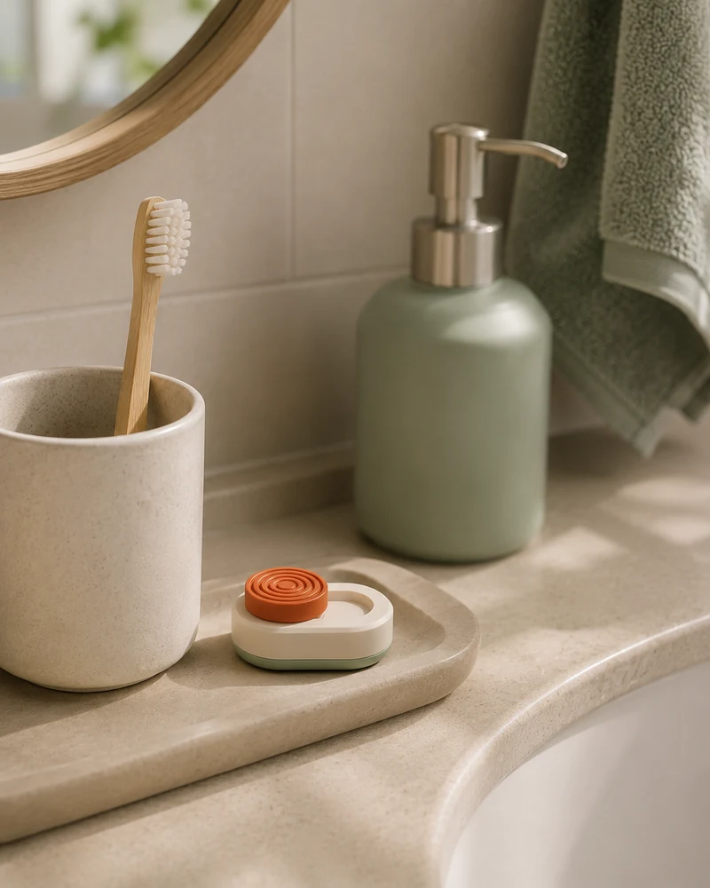 KLIK by the bathroom sink next to a toothbrush