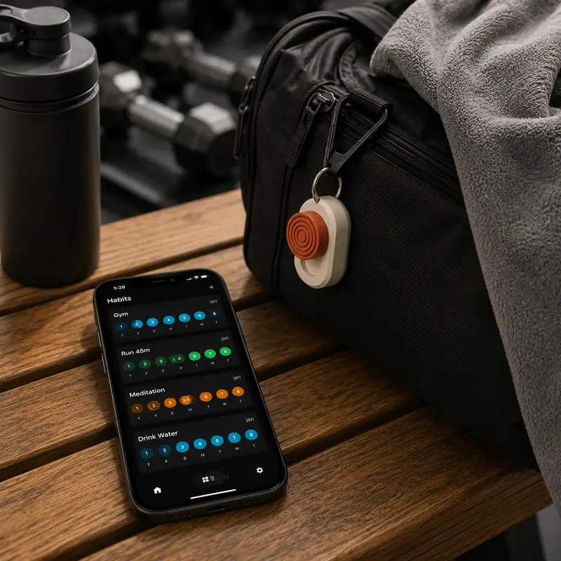 KLIK clipped to a gym bag beside the habit-tracking app