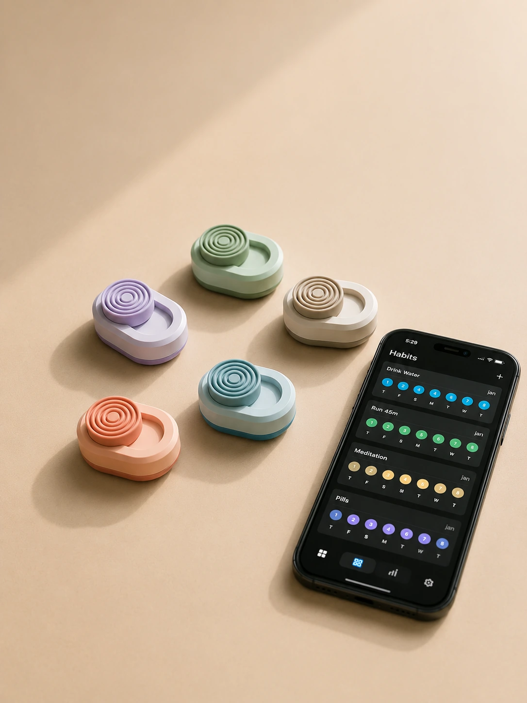 KLIK habit-tracking buttons in five colors beside the app