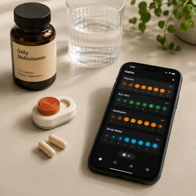 KLIK next to a vitamin bottle and the habit-tracking app